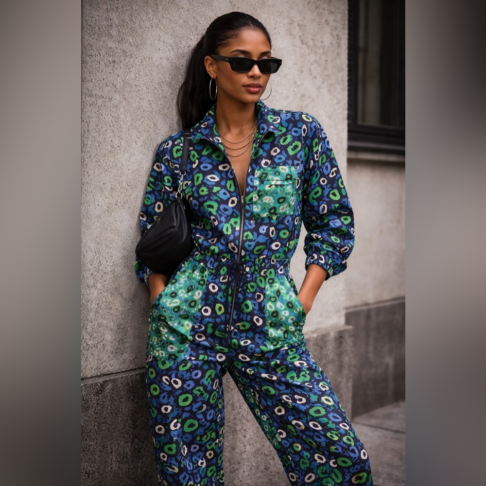 NWT Diane Von Furstenberg Green & Blue Leopard Jumpsuit XXS Streetwear Utility